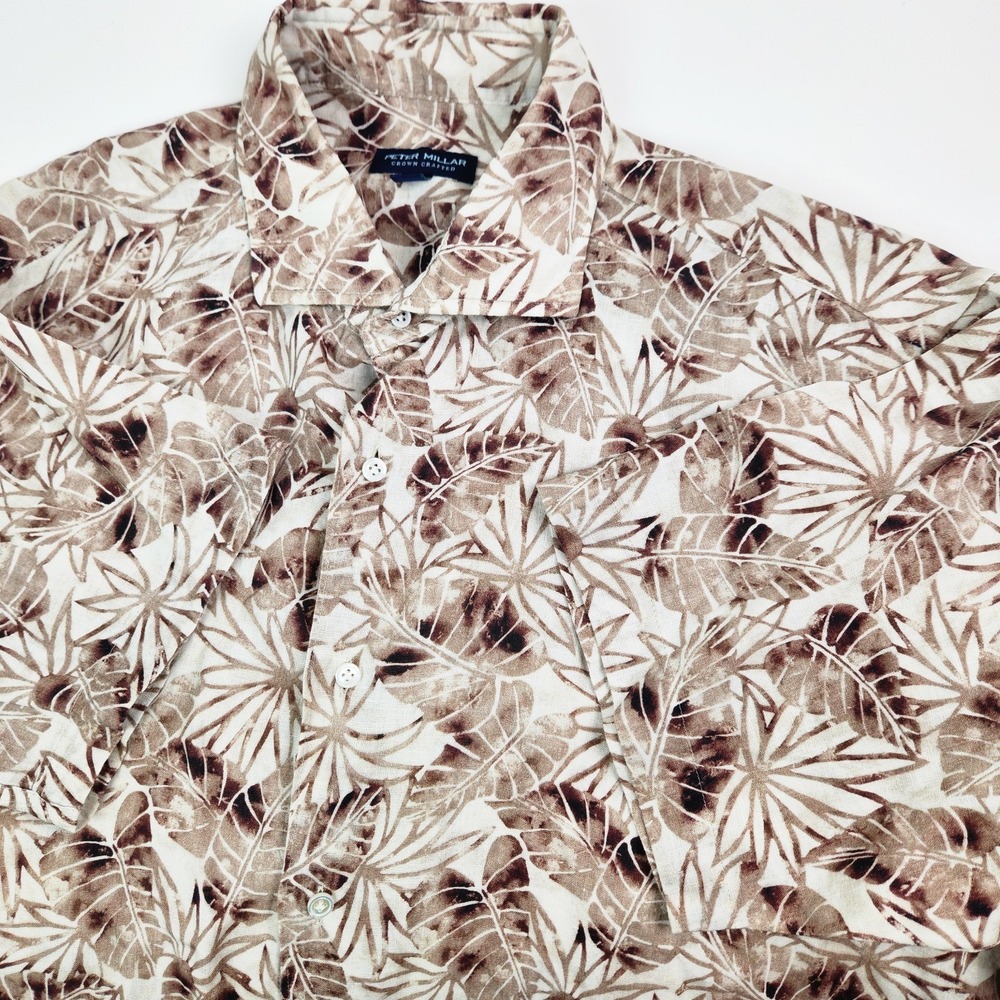 Peter Millar 100% LINEN Shirt Men's Size L Summer Dunes Floral Palms Brown Tan